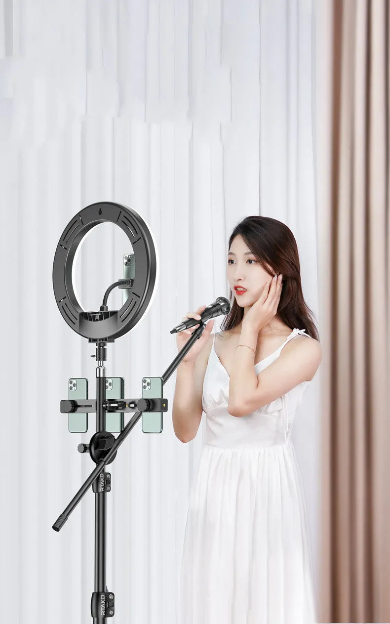 Carbon alloy mobile phone tripod with ring light in three height options for iPhone streaming