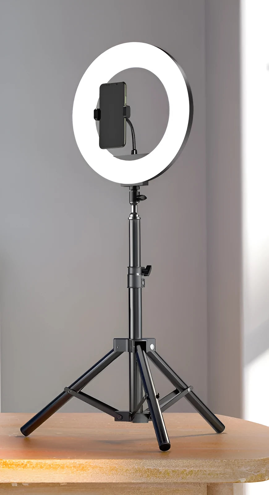 Carbon alloy mobile phone tripod with ring light in three height options for iPhone streaming