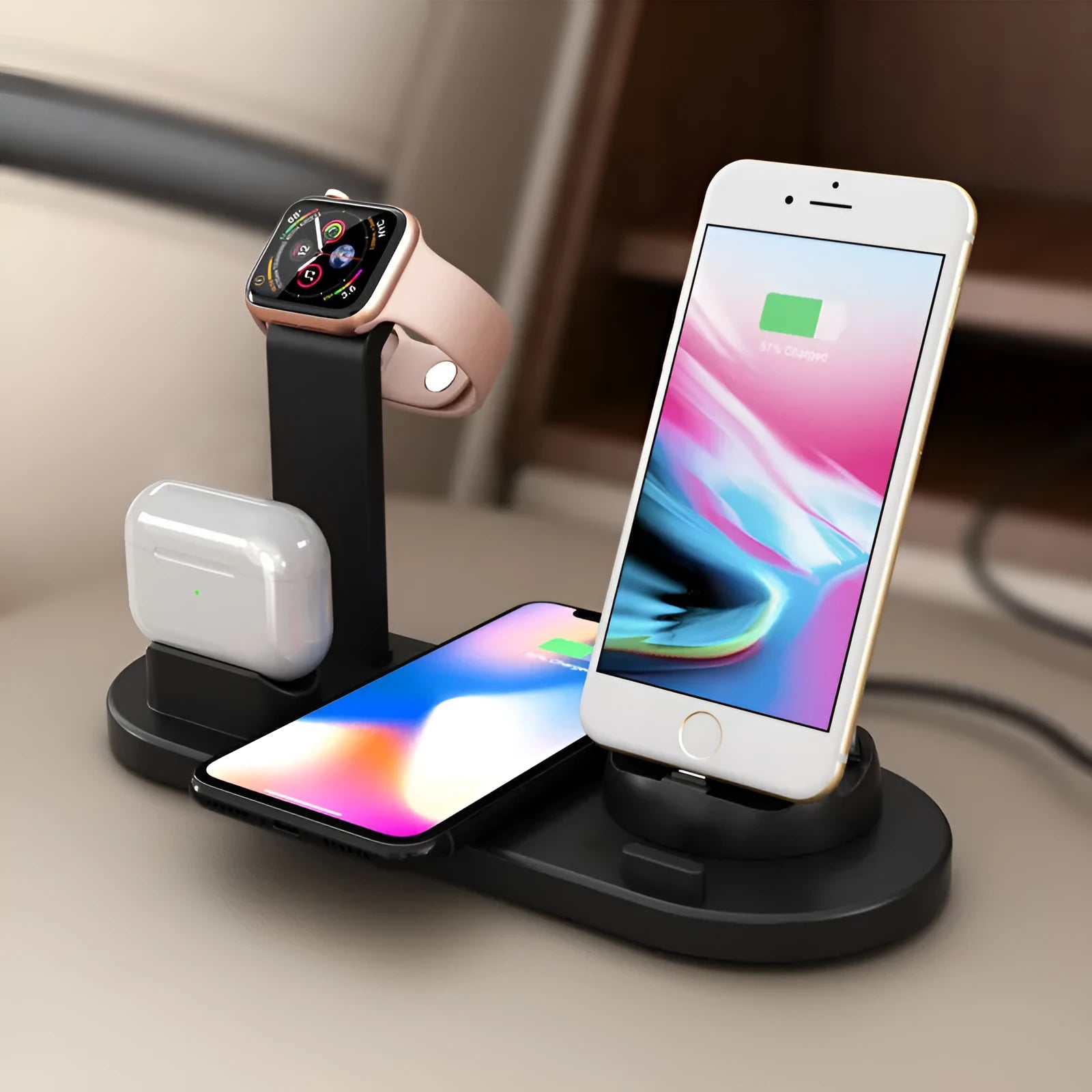 Three-in-one wireless charging station for Apple Watch, AirPods and iPhone in black or white