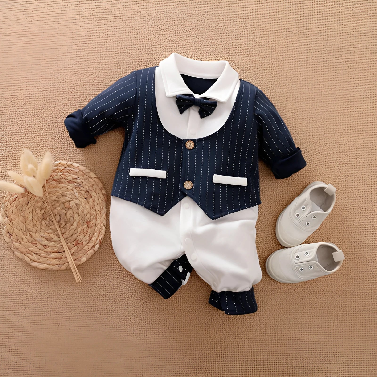 Long-sleeved cotton baby jumpsuit for boys in navy blue gentleman style, suitable for newborns and infants.