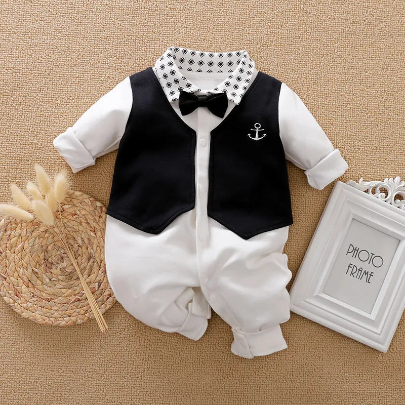 Long-sleeved cotton baby jumpsuit for boys in navy blue gentleman style, suitable for newborns and infants.
