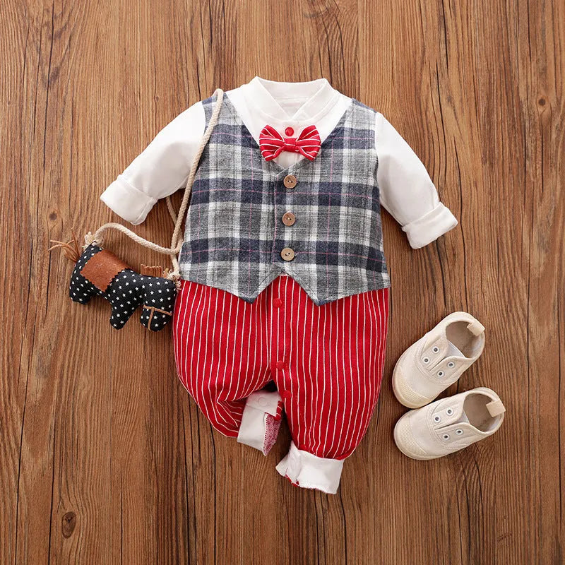 Long-sleeved cotton baby jumpsuit for boys in navy blue gentleman style, suitable for newborns and infants.