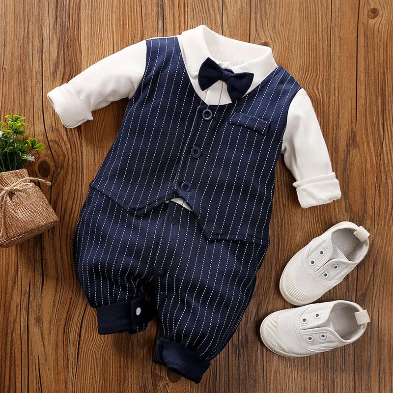 Long-sleeved cotton baby jumpsuit for boys in navy blue gentleman style, suitable for newborns and infants.