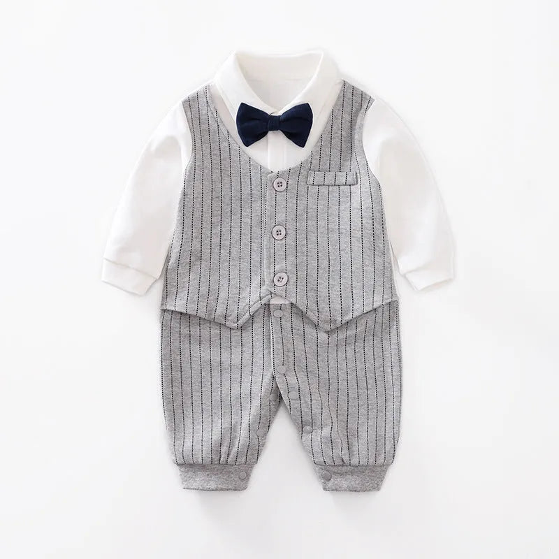 Long-sleeved cotton baby jumpsuit for boys in navy blue gentleman style, suitable for newborns and infants.
