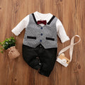 Long-sleeved cotton baby jumpsuit for boys in navy blue gentleman style, suitable for newborns and infants.