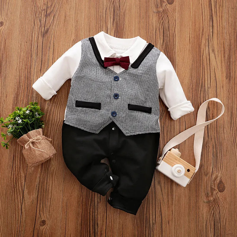 Long-sleeved cotton baby jumpsuit for boys in navy blue gentleman style, suitable for newborns and infants.