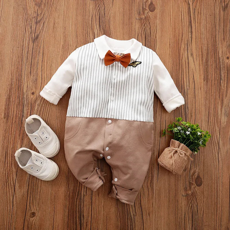 Long-sleeved cotton baby jumpsuit for boys in navy blue gentleman style, suitable for newborns and infants.