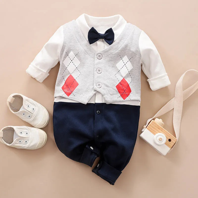 Long-sleeved cotton baby jumpsuit for boys in navy blue gentleman style, suitable for newborns and infants.