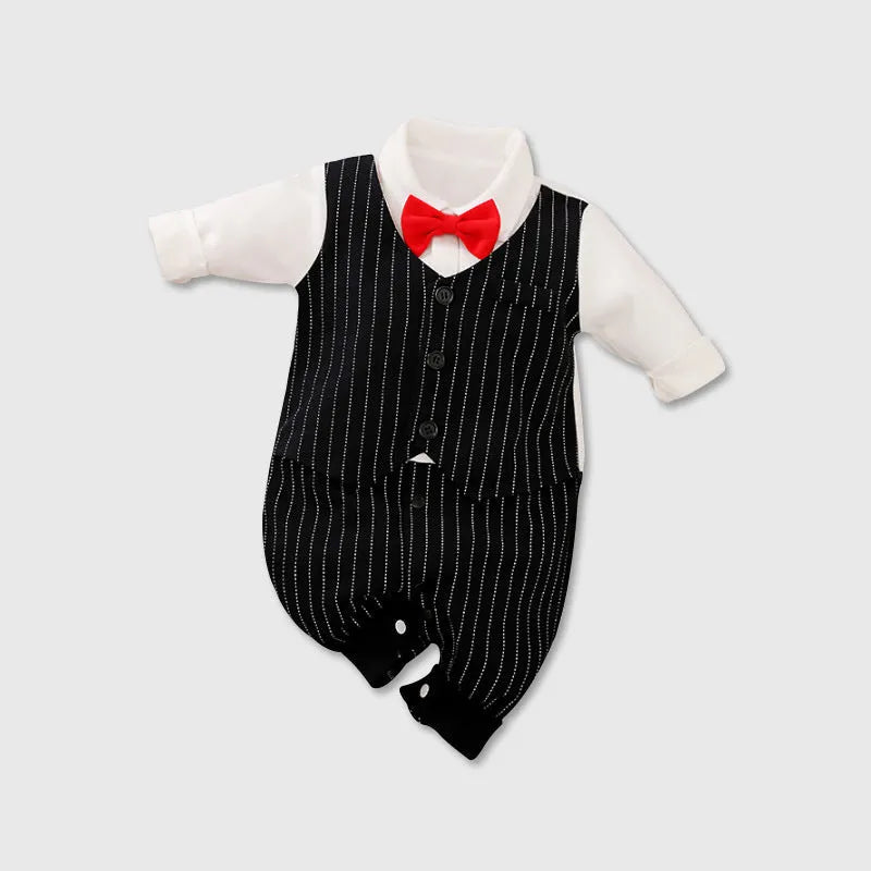 Long-sleeved cotton baby jumpsuit for boys in navy blue gentleman style, suitable for newborns and infants.