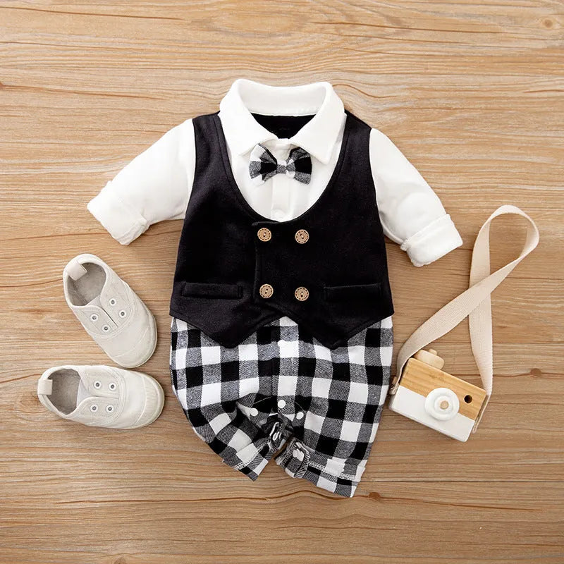 Long-sleeved cotton baby jumpsuit for boys in navy blue gentleman style, suitable for newborns and infants.