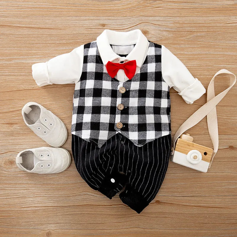 Long-sleeved cotton baby jumpsuit for boys in navy blue gentleman style, suitable for newborns and infants.