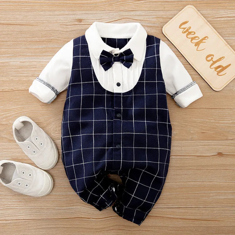 Long-sleeved cotton baby jumpsuit for boys in navy blue gentleman style, suitable for newborns and infants.