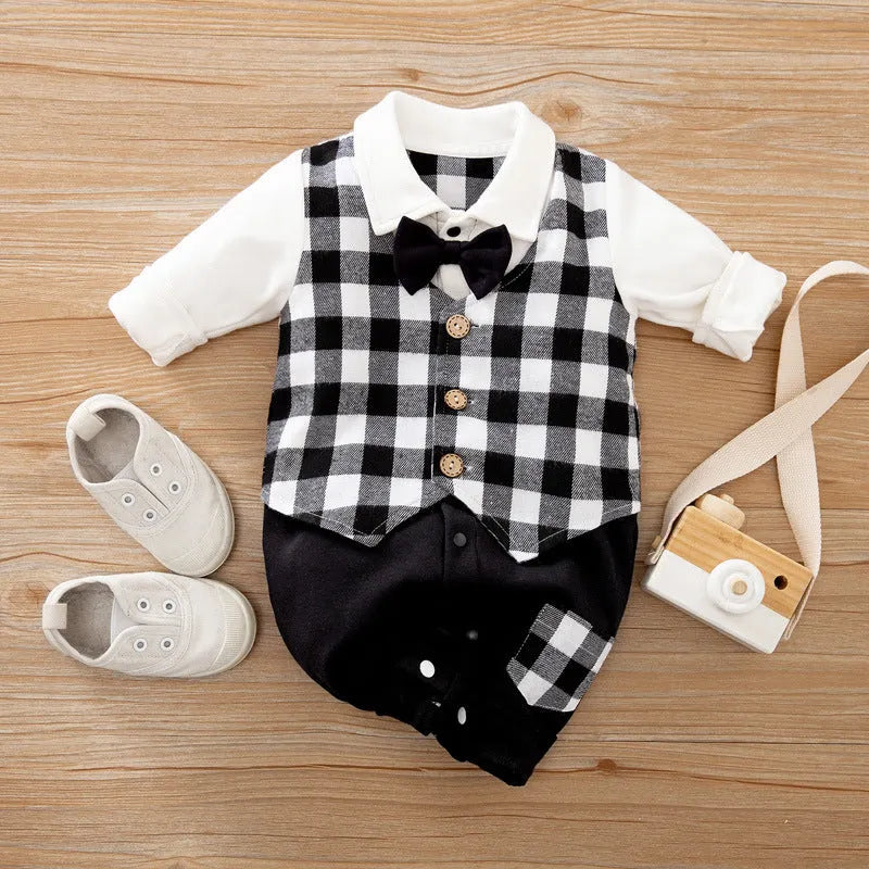 Long-sleeved cotton baby jumpsuit for boys in navy blue gentleman style, suitable for newborns and infants.