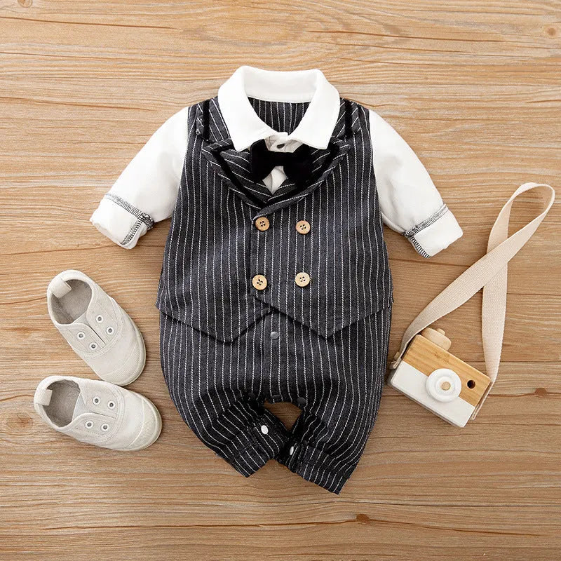 Long-sleeved cotton baby jumpsuit for boys in navy blue gentleman style, suitable for newborns and infants.