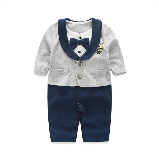 Long-sleeved cotton baby jumpsuit for boys in navy blue gentleman style, suitable for newborns and infants.