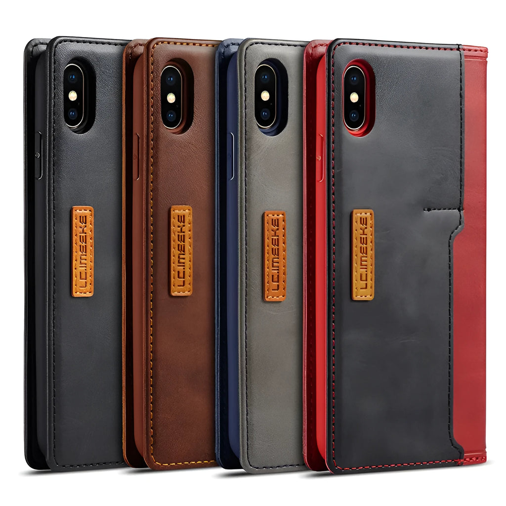 Black leather flip wallet case for iPhone shown open with cards inserted.