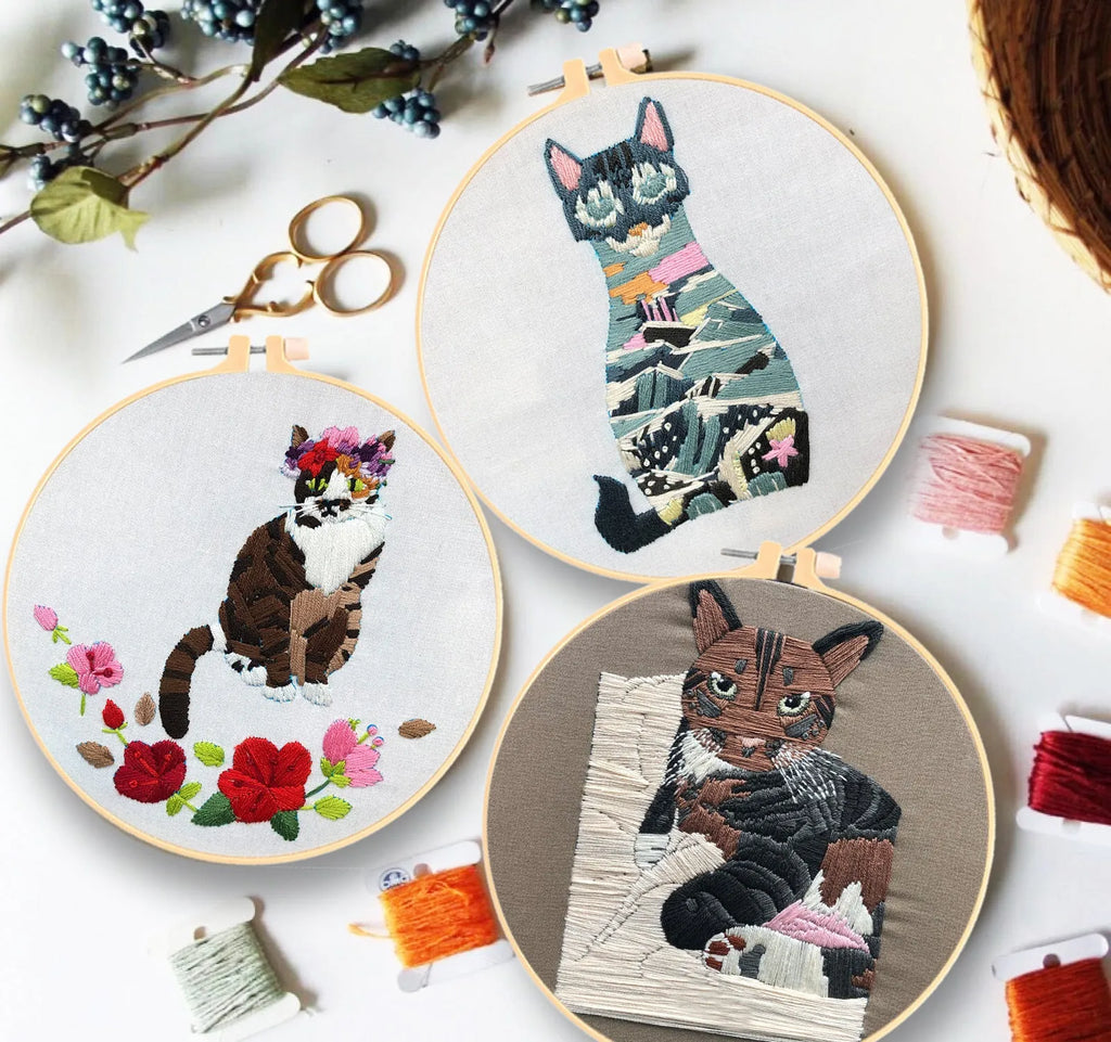 Cat-themed beginner embroidery kit with 15cm stretcher and three-dimensional European embroidery materials