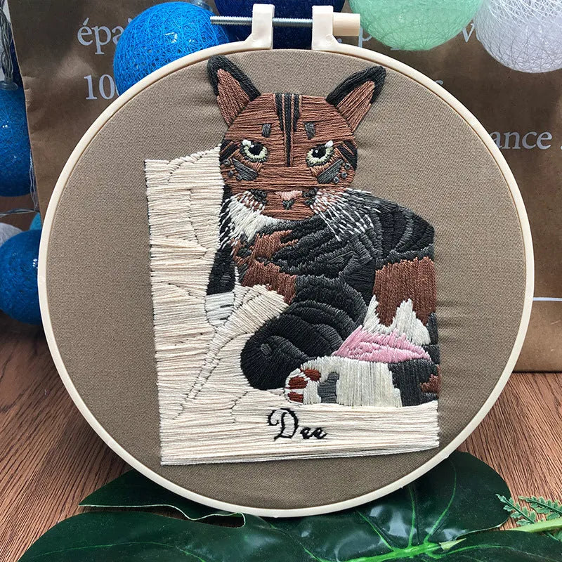 Cat-themed beginner embroidery kit with 15cm stretcher and three-dimensional European embroidery materials