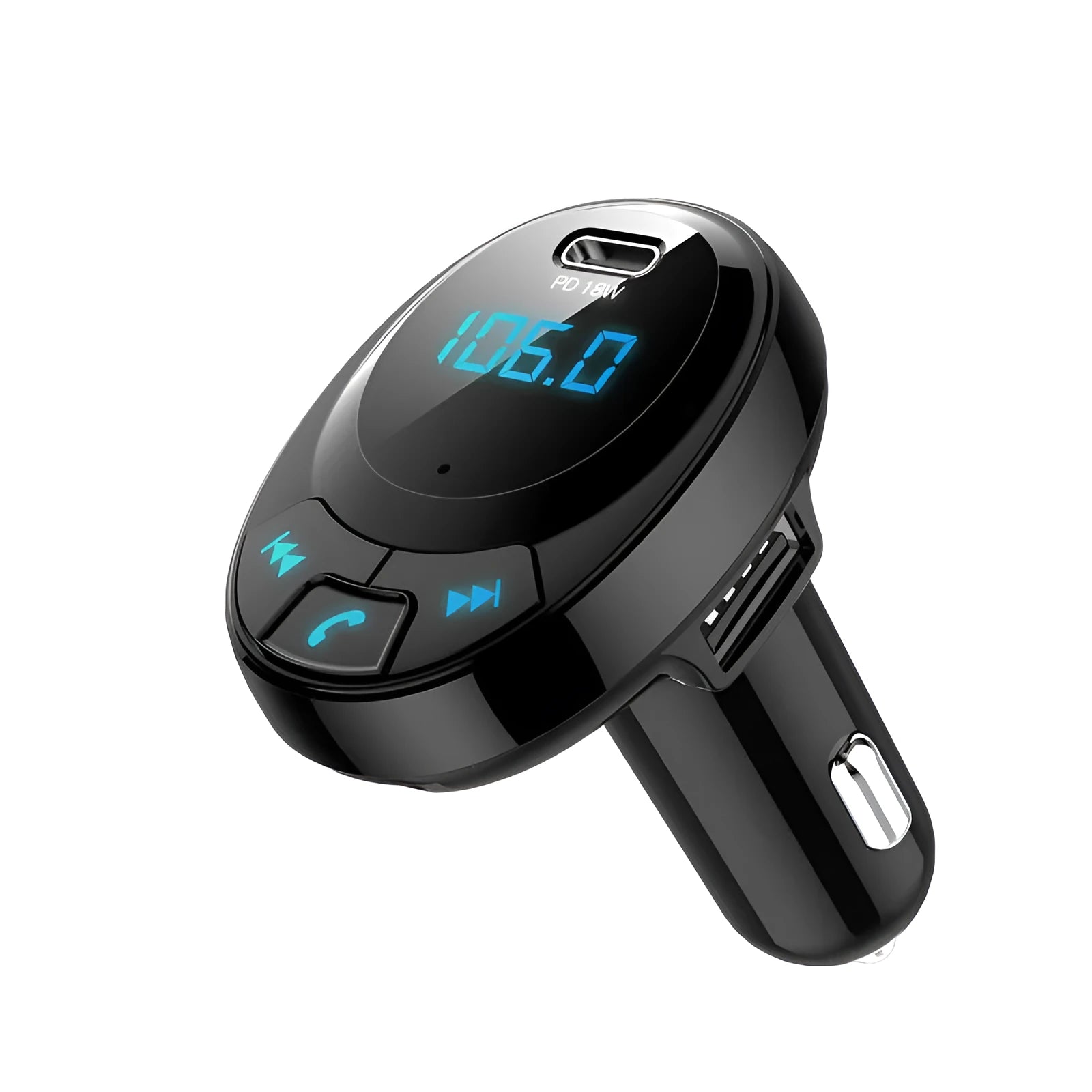 Black car Bluetooth MP3 charger with digital display and dual USB ports plugged into a car cigarette lighter.