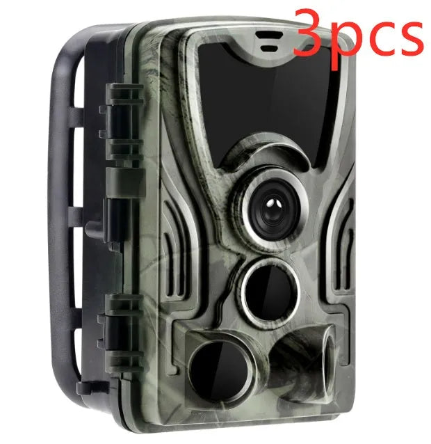 Green cellular trail camera with display screen, infrared LEDs and mounting bracket for outdoor wildlife monitoring