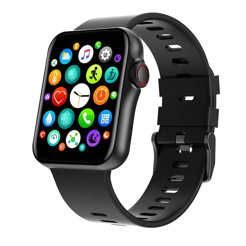 D06 smart watch with colour screen and liquid silicone strap in black, blue, grey, or pink.