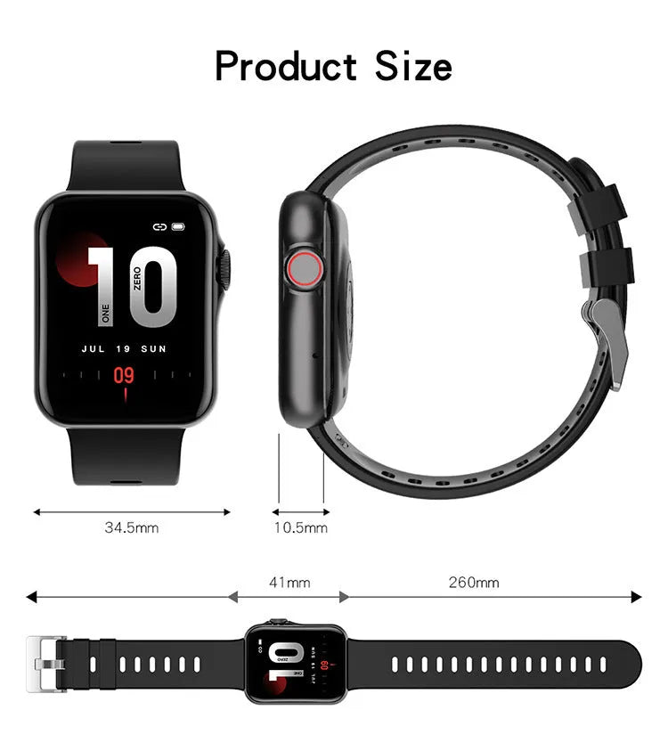 D06 smart watch with colour screen and liquid silicone strap in black, blue, grey, or pink.