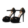 Black Roman style women's stiletto platform sandals with fish mouth toe and waterproof sole