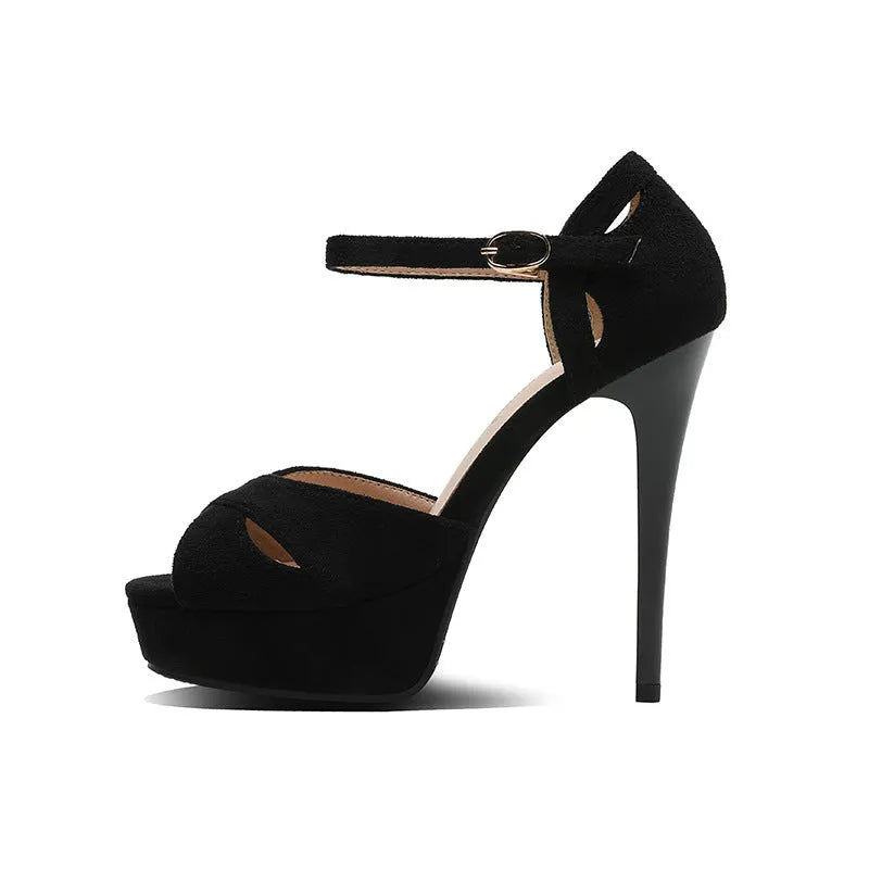 Black Roman style women's stiletto platform sandals with fish mouth toe and waterproof sole