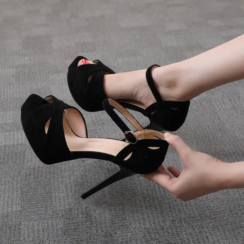 Black Roman style women's stiletto platform sandals with fish mouth toe and waterproof sole