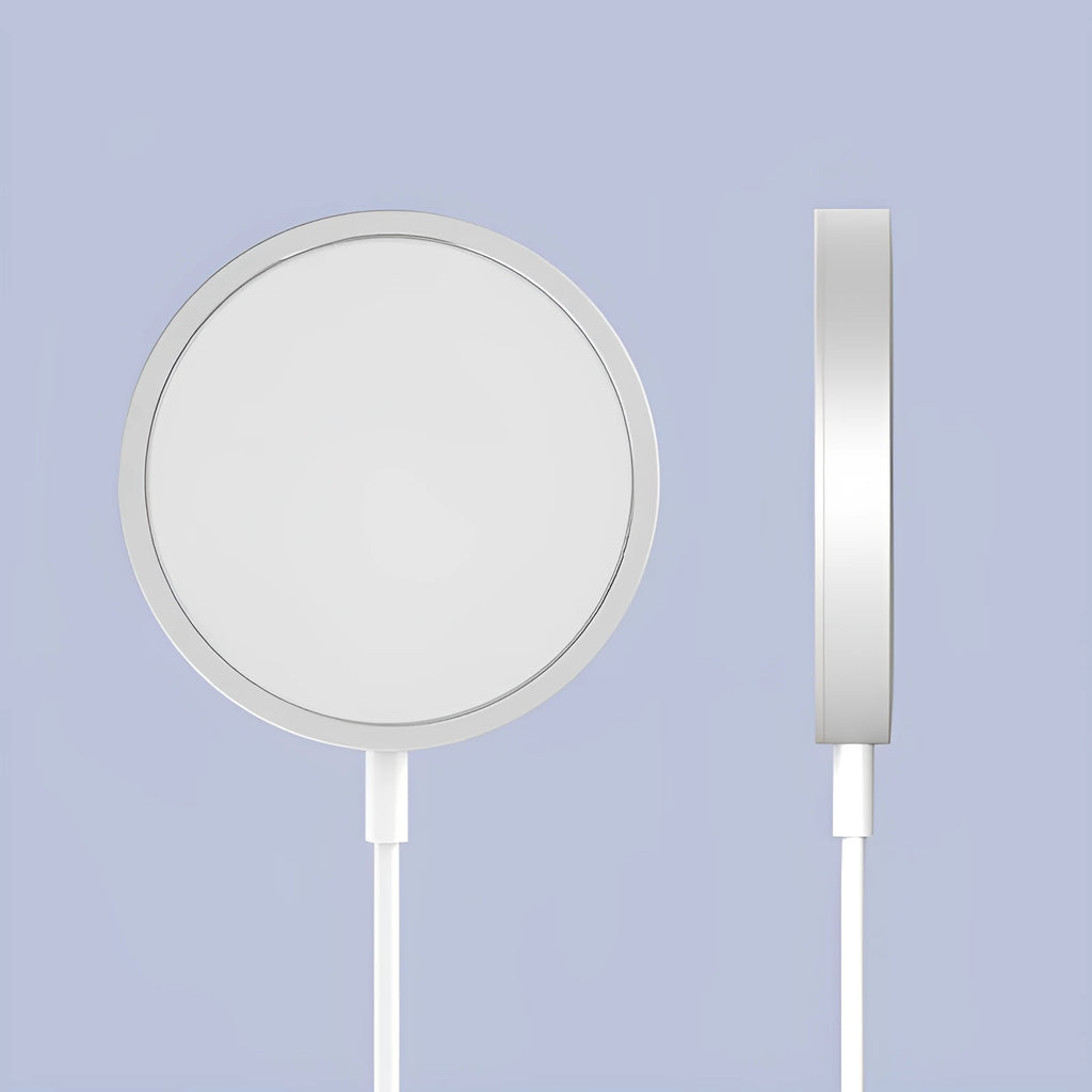 Magsafe-compatible magnetic wireless charger for iPhone 12 and 13 series in silver aluminium finish