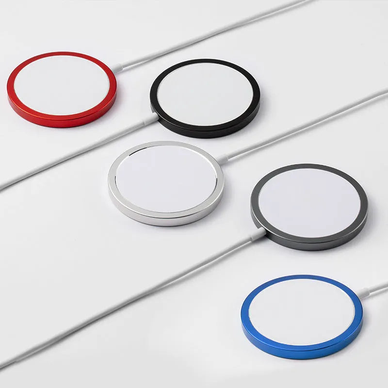Magsafe-compatible magnetic wireless charger for iPhone 12 and 13 series in silver aluminium finish