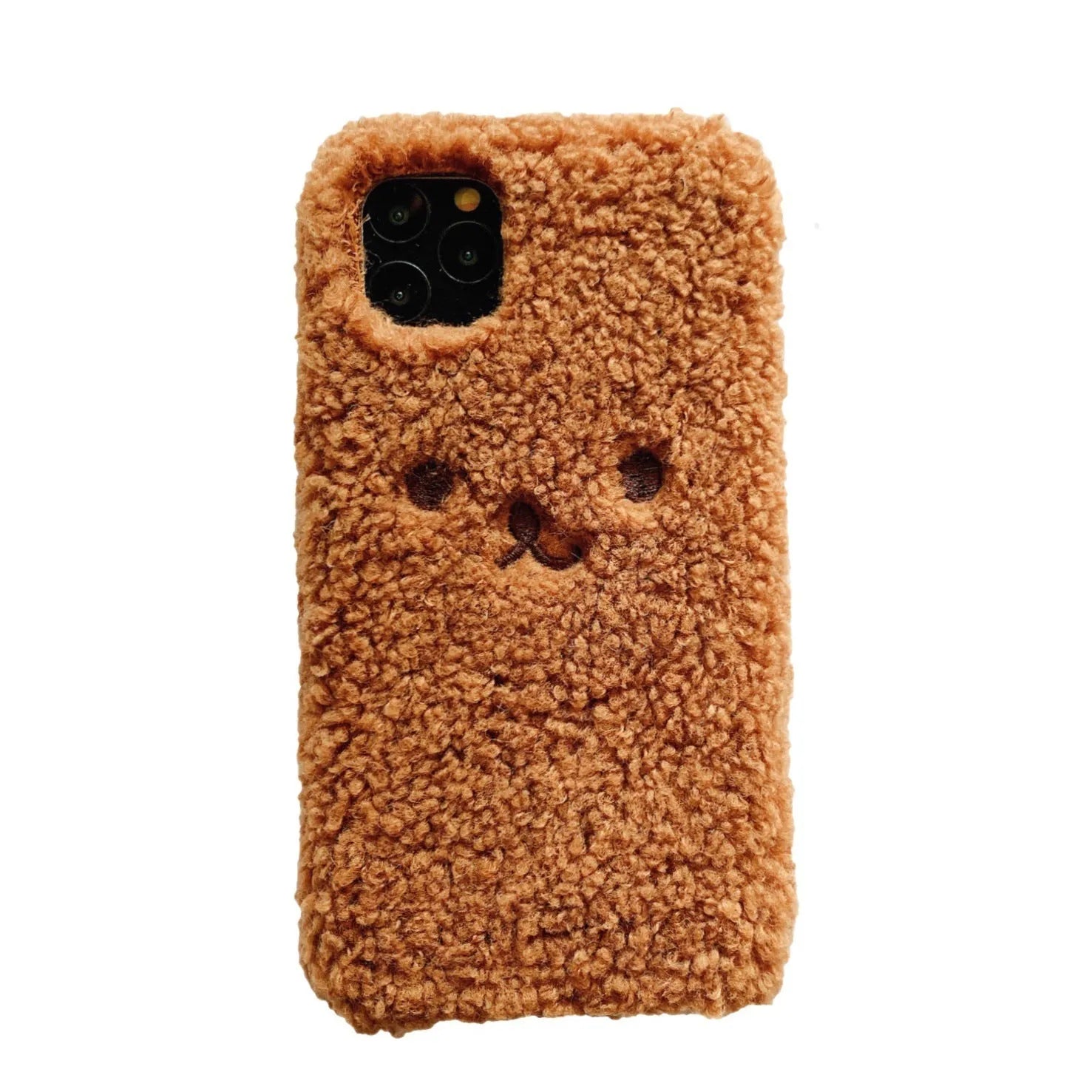 Brown embroidered plush cartoon bear face on a soft TPU iPhone phone case.