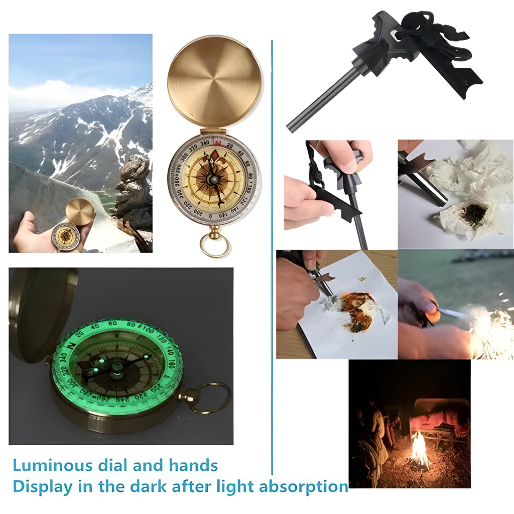 13-piece black stainless steel survival tool set in compact shockproof case with compass, flashlight, and emergency tools