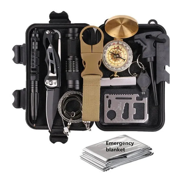 13-piece black stainless steel survival tool set in compact shockproof case with compass, flashlight, and emergency tools