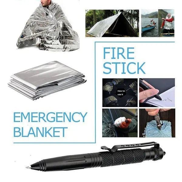 13-piece black stainless steel survival tool set in compact shockproof case with compass, flashlight, and emergency tools