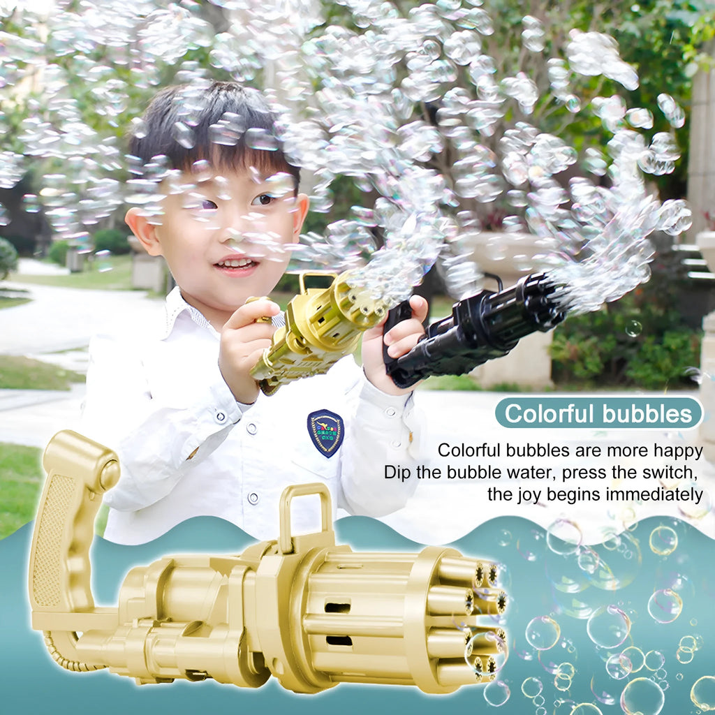 A child holding a pink battery-powered bubble gun toy with a trigger, blowing streams of bubbles outdoors.