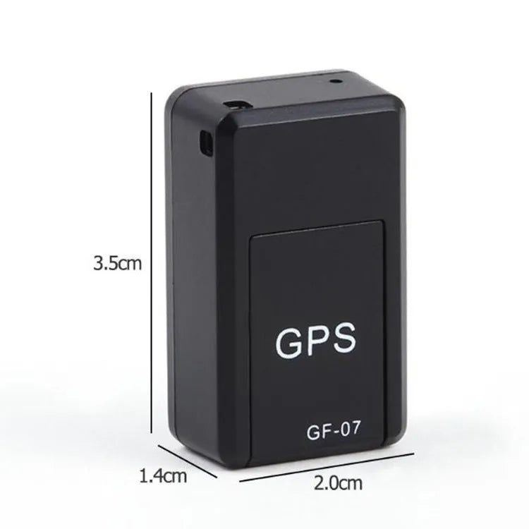 Black plastic mini magnetic GPS car tracker measuring 35×20×14mm with USB charging cable