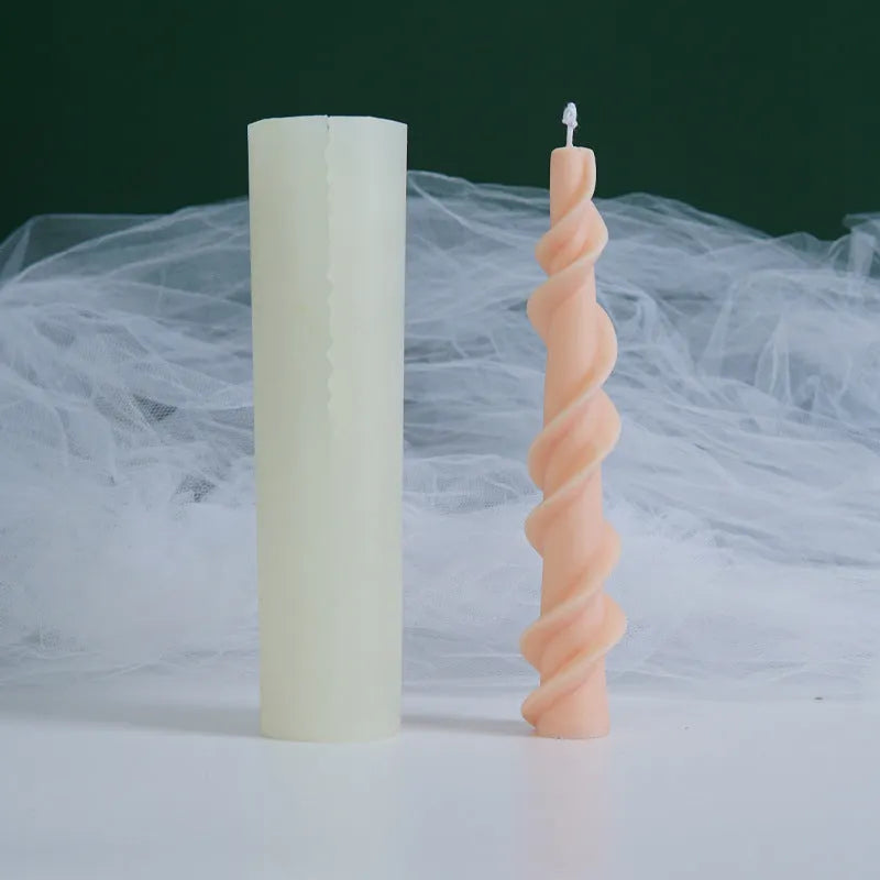 Handmade silicone screw wax mould for creating spiral lace pattern candles in assorted colours