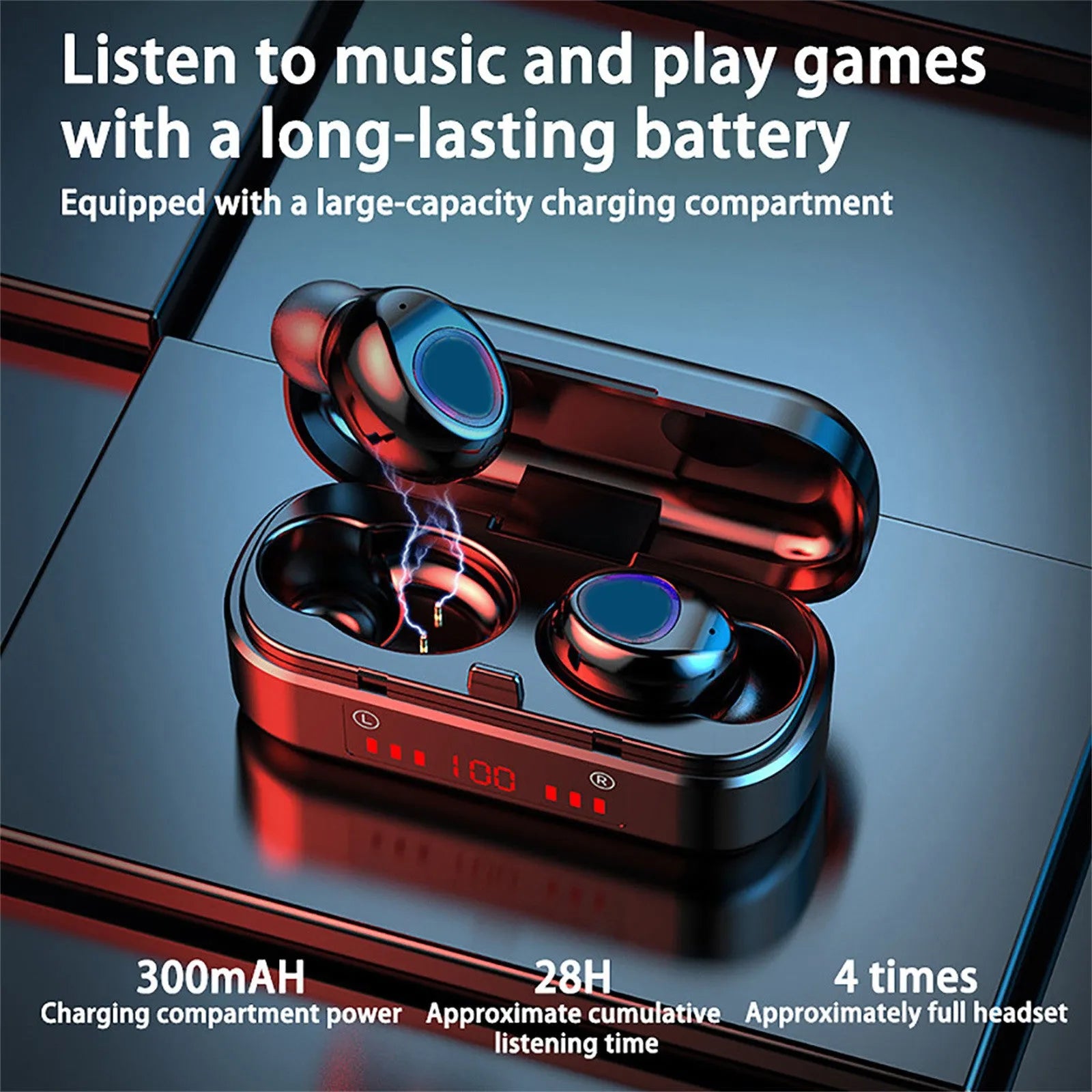 Wireless Bluetooth touch headset V7 LED button version with charging case and three ear cap sizes