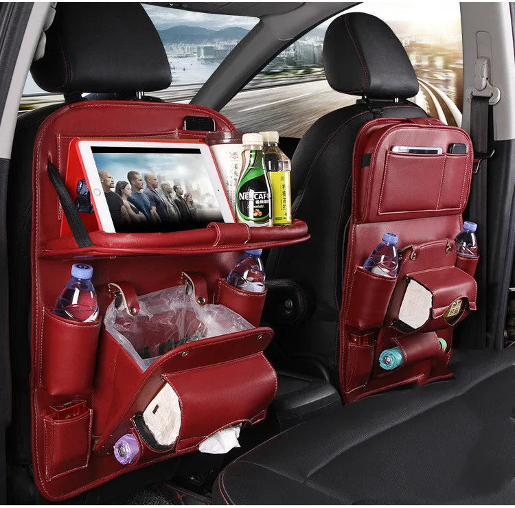 PU leather car seat back organiser with multiple pockets and trash can compartment in various colours