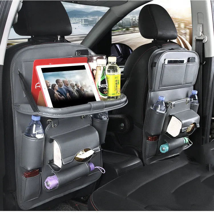 PU leather car seat back organiser with multiple pockets and trash can compartment in various colours