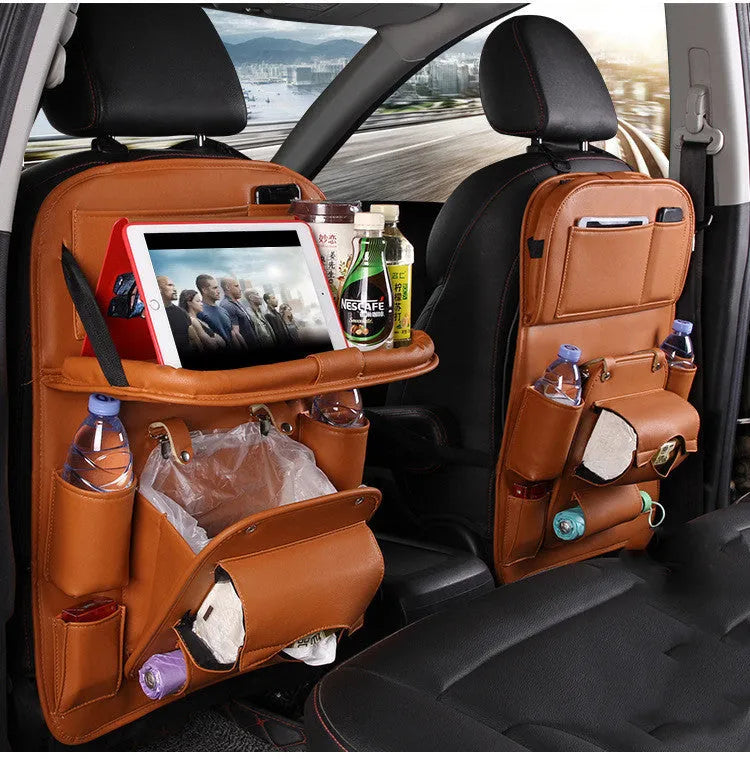 PU leather car seat back organiser with multiple pockets and trash can compartment in various colours