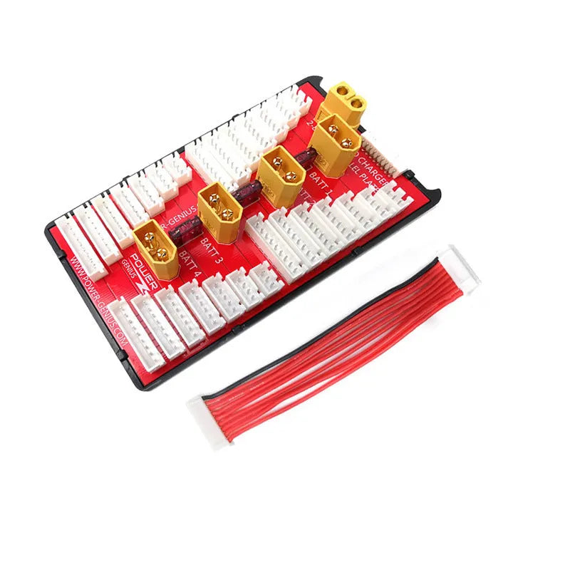 Parallel charging board with four sets of T plug and balance ports for RC lithium batteries.