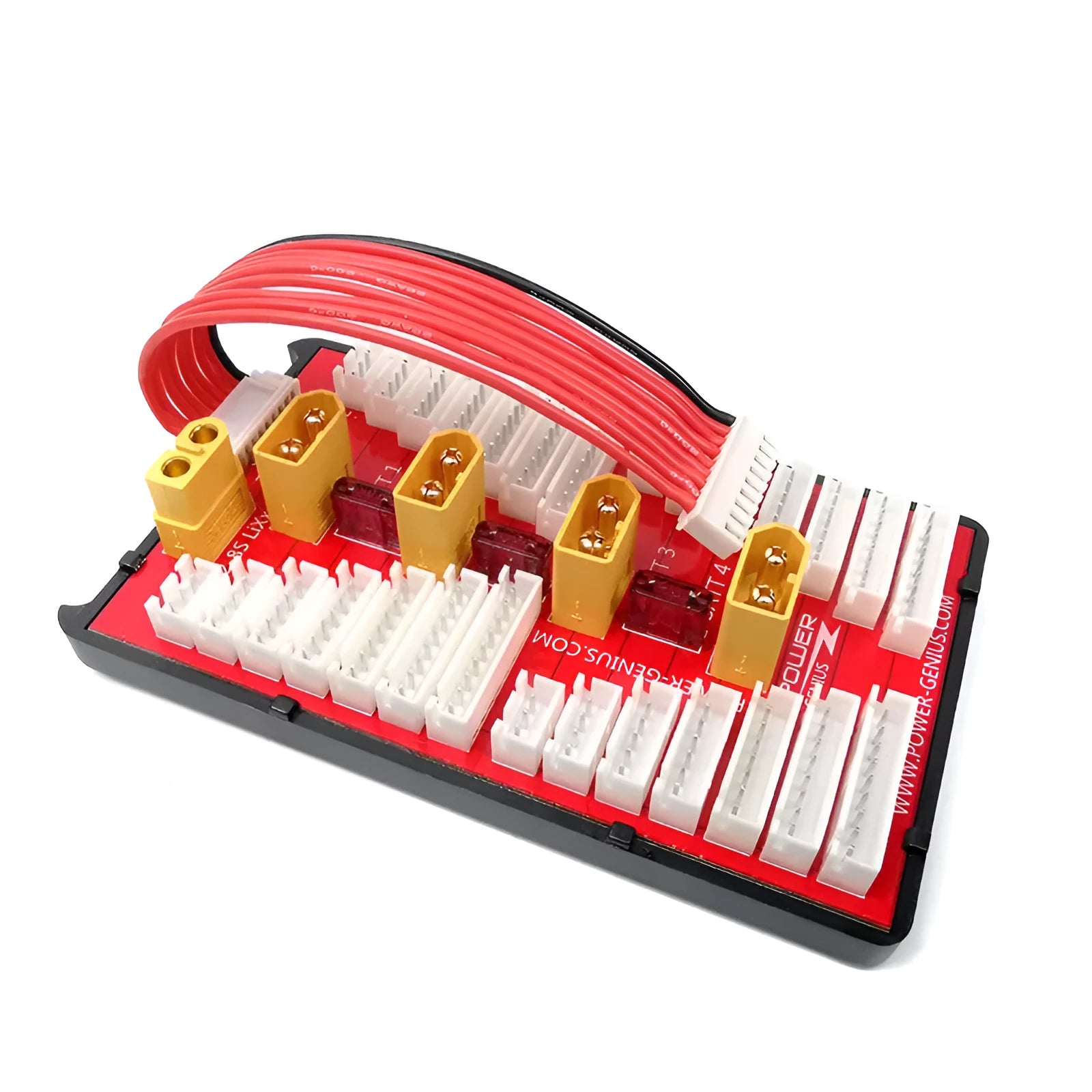 Parallel charging board with four sets of T plug and balance ports for RC lithium batteries.