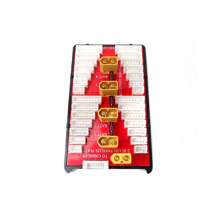 Parallel charging board with four sets of T plug and balance ports for RC lithium batteries.