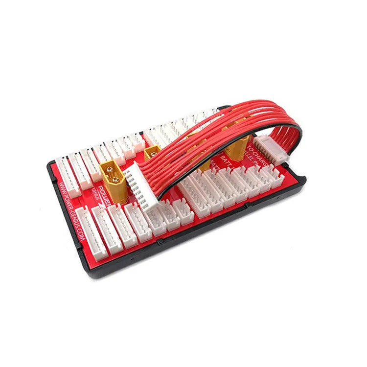 Parallel charging board with four sets of T plug and balance ports for RC lithium batteries.