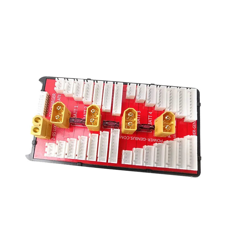 Parallel charging board with four sets of T plug and balance ports for RC lithium batteries.