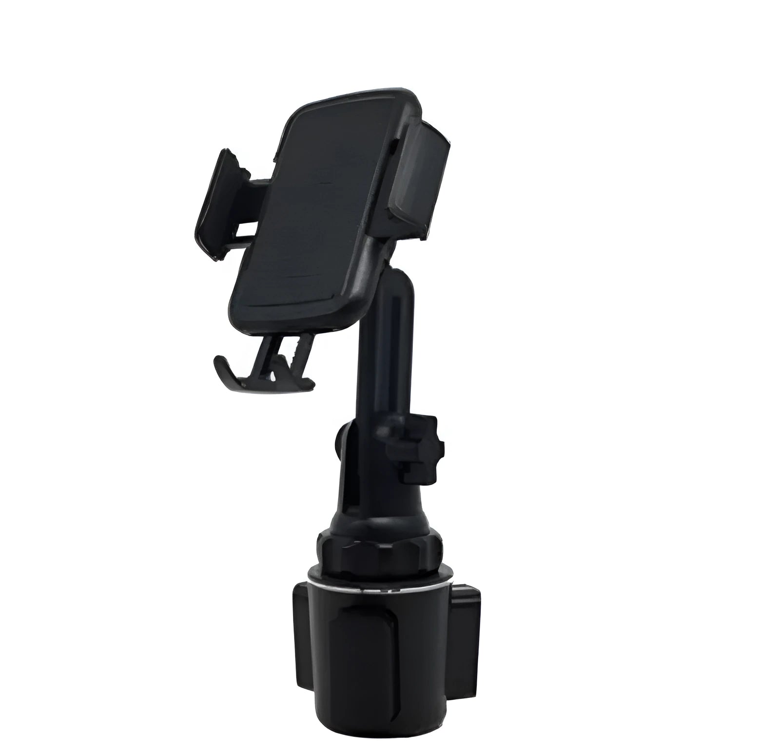 Black ABS plastic car phone holder with clip-on vent mount and 360-degree rotating head.