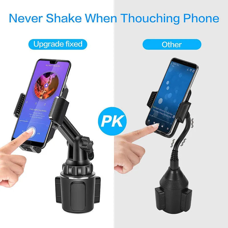 Black ABS plastic car phone holder with clip-on vent mount and 360-degree rotating head.