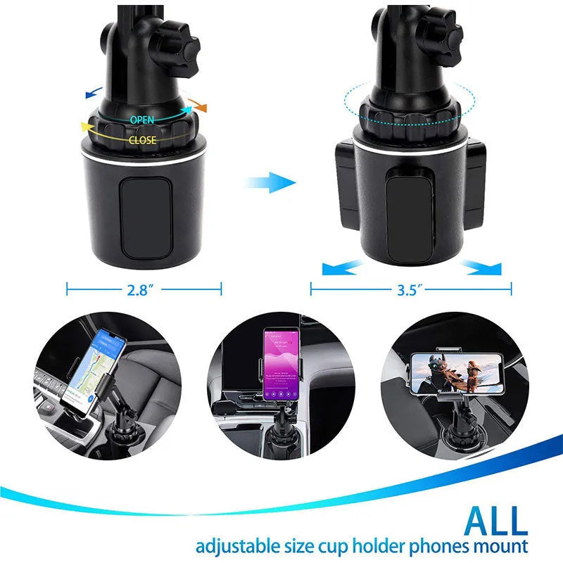 Black ABS plastic car phone holder with clip-on vent mount and 360-degree rotating head.